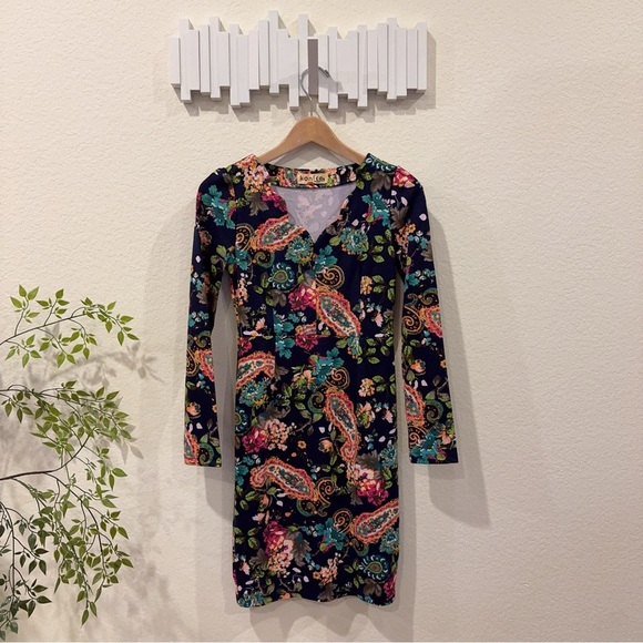 Konice Black Floral Print Long Sleeve Bodycon Mini Dress Size S Preowned - Picture 2 of 5